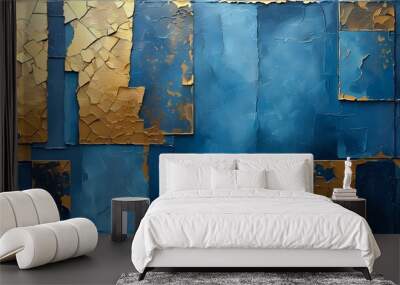 Textured blue and gold abstract background featuring a cracked rectangle shape Wall mural