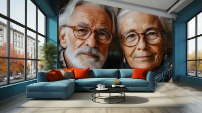 Timeless love captured in a close-up portrait of an elderly couple sharing a joyful moment Wall mural