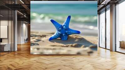 Tranquil Blue Starfish Nestled on Sandy Beach with Serene Ocean Background Wall mural