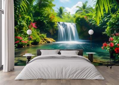 Tranquil cascade in a vibrant tropical paradise, flowing into a crystal-clear pool, embraced by lush greenery and colorful blooming flowers, epitomizing natural serenity Wall mural