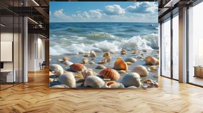 Tranquil coastal shoreline adorned with seashells and gentle waves under a bright blue sky with fluffy clouds Wall mural