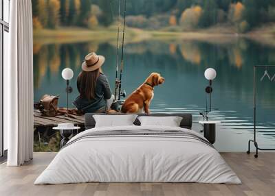 Tranquil moments of companionship by a scenic lake, as a woman and her dog enjoy fishing together on a peaceful pier Wall mural