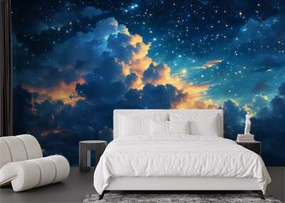 Tranquil night sky filled with stars and majestic glowing clouds, showcasing the vastness of the universe Wall mural