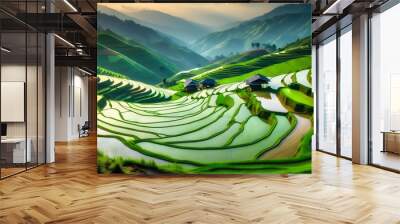 Tranquil rice terraces flowing down lush green hillsides, crafting a stunning natural panorama. Wall mural