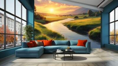 Tranquil riverside at sunset with golden light illuminating the grassy landscape Wall mural