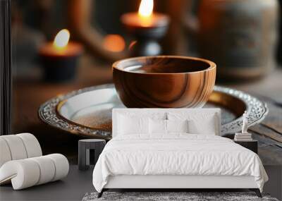 tranquil setting of a wooden bowl filled with liquid on a silver tray illuminated by soft candlelight Wall mural