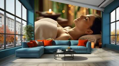 Tranquil spa retreat with a woman enjoying a calming facial and neck massage in a peaceful atmosphere Wall mural