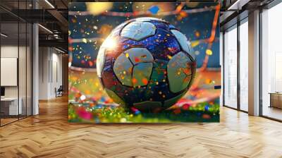 Triumphant soccer moment with a ball in the net, dazzling highlights, and vibrant confetti falling around Wall mural