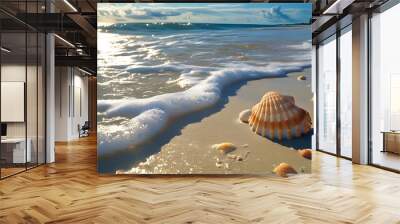 Tropical beach scene featuring seashells on sand with a stunning view of the sea and sunlit sky Wall mural