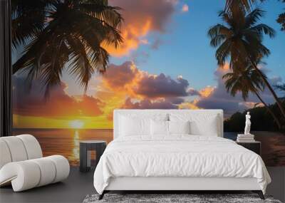 Tropical Beach Serenity: Golden Hour Sunset Illuminating Sandy Shores and Silhouetted Palm Trees Wall mural