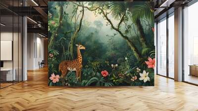 Tropical Forest Paintings Featuring Trees, Flowers, and Wildlife for Design Inspiration Wall mural