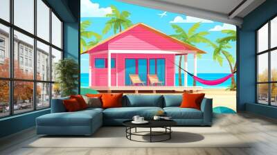 Tropical paradise beach house surrounded by palm trees, featuring a hammock and chairs with stunning ocean view for ultimate travel relaxation Wall mural