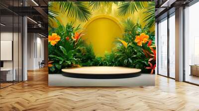 Tropical stage design featuring a circular platform adorned with vibrant green plants and large decorative flowers set against a bright yellow backdrop Wall mural