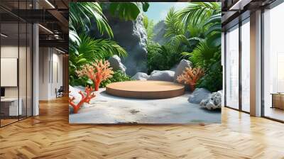 Tropical Viewing Platform 3D Design Showcasing Coral and Stones Against a Natural Background Wall mural