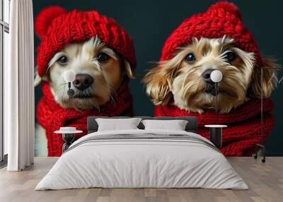 Two dogs in cozy red hats and scarves enjoying winter fun Wall mural