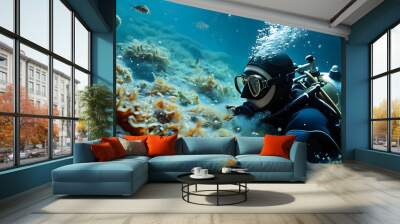 Underwater exploration of a scuba diver amidst vibrant marine life and bubbles in crystal clear blue water Wall mural