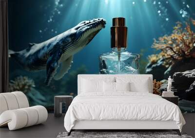 Underwater showcase of empty serum packaging with a majestic whale swimming in the vibrant ocean depths Wall mural