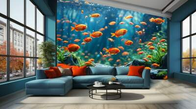 underwater world in a small aquarium featuring colorful fish swimming among lush aquatic plants Wall mural