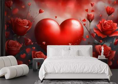 Valentines Day heart art illustration on a vibrant red background celebrating love and romance Wall mural