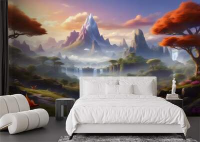 Vast Enchanted Landscape with Mystical Creatures and Ancient Ruins in a Fantasy Realm Wall mural