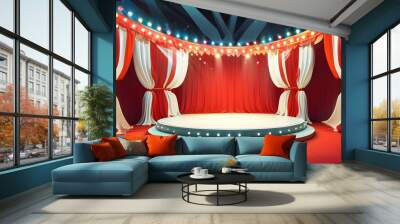 Vibrant 3D animated circus stage with red and white striped curtains, colorful spotlights, and a bright red backdrop created through generative AI artistry Wall mural