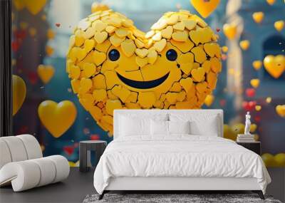 Vibrant 3D yellow heart of smiling faces, embodying joy and unity in a captivating display of happiness and positivity through AI generative art Wall mural