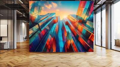 Vibrant abstract architectural landscape featuring geometric shapes against a stunning sunset backdrop Wall mural