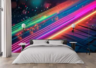 Vibrant abstract backdrop featuring luminous neon music notes in dynamic patterns Wall mural