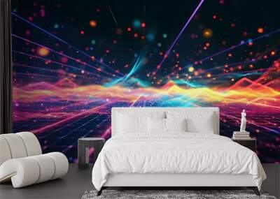 Vibrant abstract digital grid featuring glowing lines and particles in a kaleidoscope of colors Wall mural