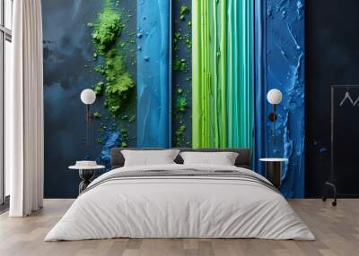 Vibrant abstract equalizer bars in blue and green against a deep, dark backdrop Wall mural