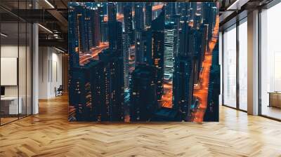 Vibrant aerial view of a contemporary city skyline illuminated at night with towering high-rise buildings Wall mural