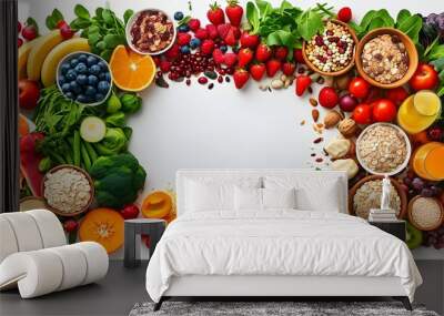 Vibrant and Nutritious Meal Prep Display with Colorful Fruits, Vegetables, Proteins, and Grains on Clean White Background for Healthy Eating Inspiration Wall mural