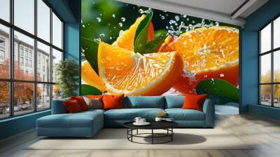 Vibrant arrangement of juicy orange slices surrounded by fresh leaves and water splashes on a clean white background Wall mural