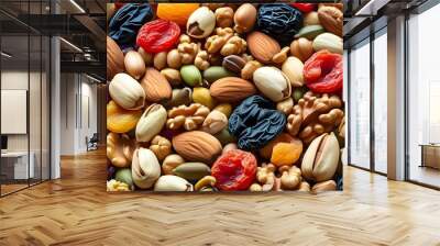 Vibrant assortment of nuts, dried fruits, and seeds creating a healthy and delectable snack blend Wall mural