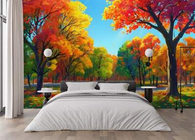 Vibrant autumn park panorama showcasing colorful trees and the beauty of fall season for wallpaper and backdrop design Wall mural