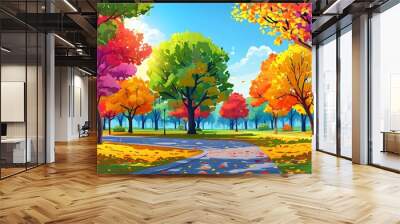 Vibrant autumn park panorama showcasing colorful trees and the beauty of fall season for wallpaper and backdrop design Wall mural