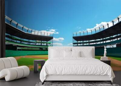 Vibrant Baseball Field Under Clear Blue Sky with Lush Green Grass and Ample Copy Space Wall mural