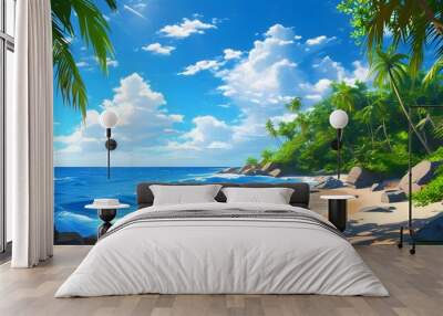 Vibrant Cartoon Beach Scene with Lush Tropics, Rocky Shoreline, and Sparkling Blue Ocean Under Bright Sunshine Wall mural