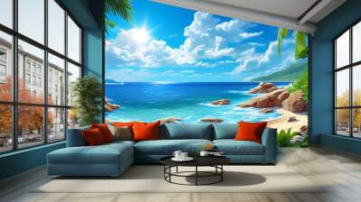 Vibrant Cartoon Beach Scene with Lush Tropics, Rocky Shoreline, and Sparkling Blue Ocean Under Bright Sunshine Wall mural