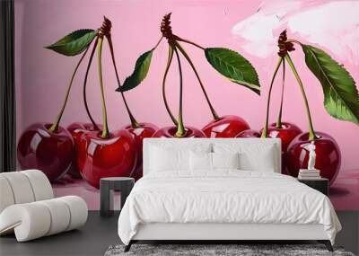 Vibrant cherries against a soft pink background Wall mural