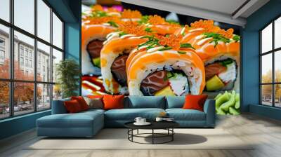 Vibrant close-up of sushi rolls featuring salmon, avocado, and tobiko, elegantly presented with soy sauce in an artistic arrangement Wall mural