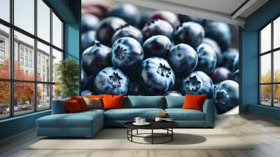 Vibrant closeup of blueberries among forest backdrop, highlighting their antioxidant-rich, low-sugar superfood essence with a dynamic, selective focus. Wall mural