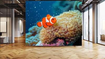 vibrant clownfish swimming among colorful coral reef formations Wall mural