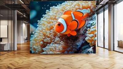 vibrant clownfish swimming among colorful coral reef formations Wall mural