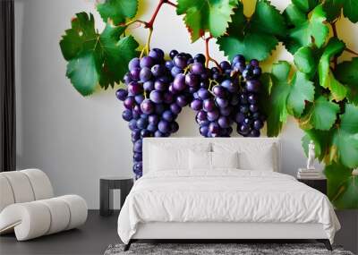 Vibrant Cluster of Luscious Purple Grapes with Green Leaves Elegantly Displayed on a White Background Wall mural