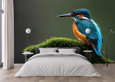 Vibrant common kingfisher resting on a moss-covered tree branch Wall mural