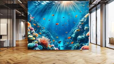 Vibrant coral reef teeming with colorful fish swimming in crystal-clear blue water beneath sunlit waves Wall mural