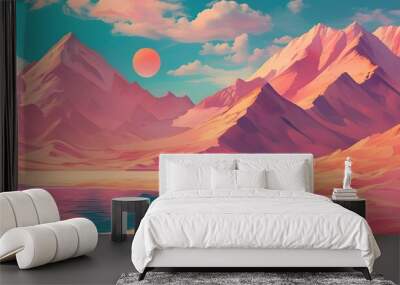 Vibrant digital landscape featuring pink and orange desert hills, majestic mountain range, and serene lakeside scenery Wall mural