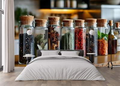 Vibrant display of spices and dried herbs in glass jars with cork lids arranged stylishly on a kitchen countertop Wall mural