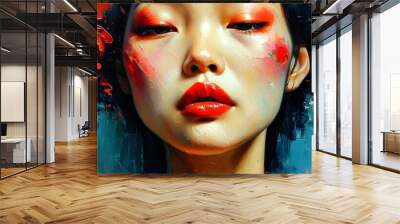 Vibrant Expressionism: Asian Woman with Red Lips and Closed Eyes in Abstract Emotional Art Wall mural